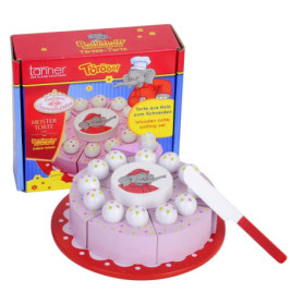 Holz-Kuchen-Spielset mit Messer, Elefanten-Dekor und bunter Verpackung im Hintergrund.