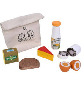 Spiel-Lunchset mit Stofftasche, Spiellebensmitteln wie Käse, Butter, Brot, Eiern und einer Flasche.