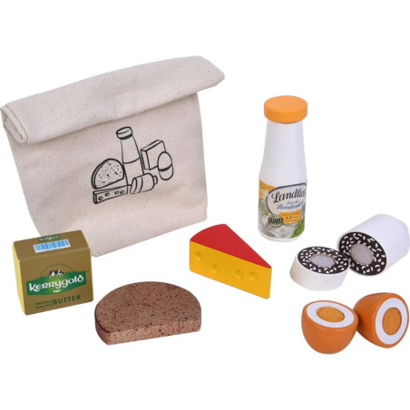 Spiel-Lunchset mit Stofftasche, Spiellebensmitteln wie Käse, Butter, Brot, Eiern und einer Flasche.