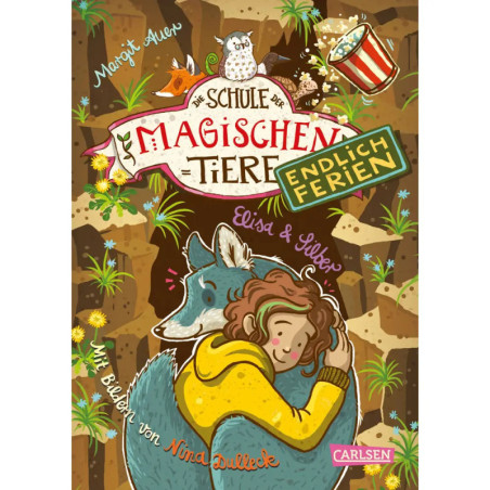 Mädchen umarmt Wolf auf buntem Buchcover, umgeben von Tieren und Natur, Titel: Schule der magischen Tiere.