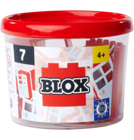 Plastikbox mit rotem Deckel, gefüllt mit Blox-Bausteinen, geeignet für Kinder ab 4 Jahren.