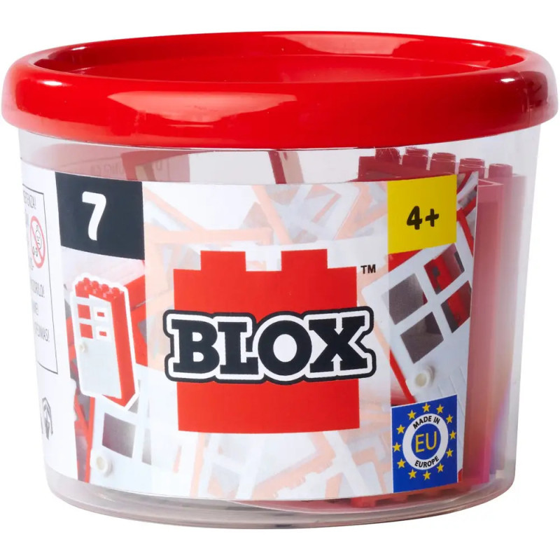 Plastikbox mit rotem Deckel, gefüllt mit Blox-Bausteinen, geeignet für Kinder ab 4 Jahren.