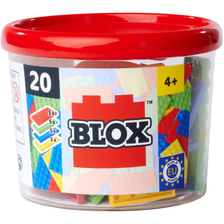 Kunststoffbox mit rotem Deckel, enthält 20 Blox-Bausteine, geeignet für Kinder ab 4 Jahren.