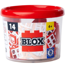 Transparente Box mit rotem Deckel, gefüllt mit Blox Bausteinen, geeignet für Kinder ab 4 Jahren.