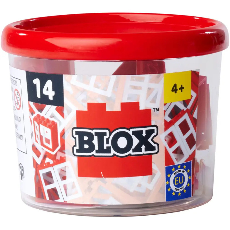 Transparente Box mit rotem Deckel, gefüllt mit Blox Bausteinen, geeignet für Kinder ab 4 Jahren.
