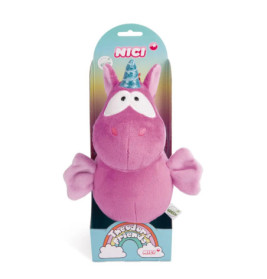 Rosa Plüsch-Einhorn mit blauem Horn in Verpackung, beschriftet mit Theodor & Friends by NICI.