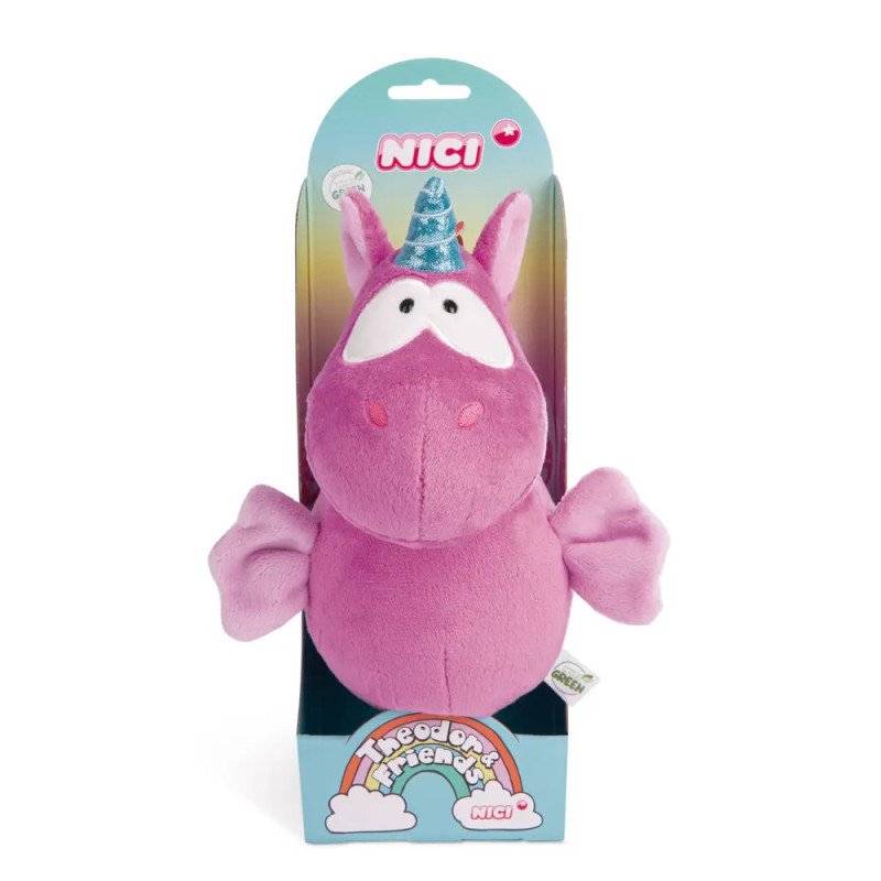 Rosa Plüsch-Einhorn mit blauem Horn in Verpackung, beschriftet mit Theodor & Friends by NICI. Rosa Plüsch-Einhorn mit blauem Horn in Verpackung, beschriftet mit Theodor & Friends by NICI.