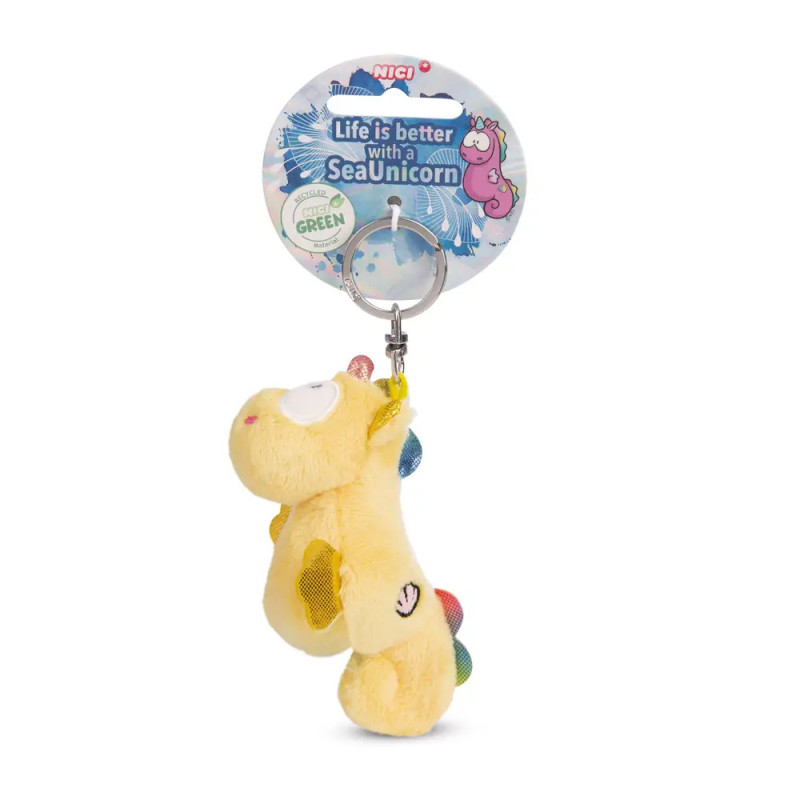 Plüschiger, gelber See-Einhorn-Schlüsselanhänger an Verpackung mit dem Schriftzug: Das Leben ist besser mit einem SeaUnicorn.
