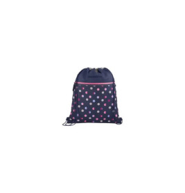 Dunkelblaue Stofftasche mit pinken und hellblauen Punkten und pinker Reißverschlusstasche vorne.