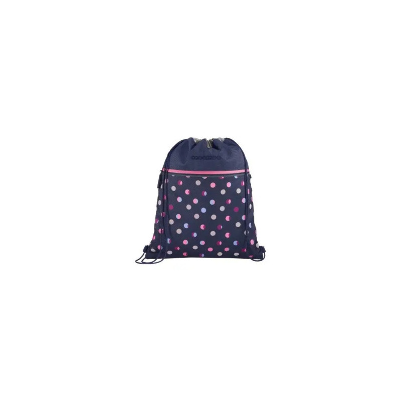 Dunkelblaue Stofftasche mit pinken und hellblauen Punkten und pinker Reißverschlusstasche vorne. Dunkelblaue Stofftasche mit pinken und hellblauen Punkten und pinker Reißverschlusstasche vorne.