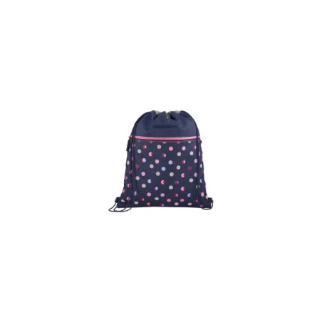 Dunkelblaue Stofftasche mit pinken und hellblauen Punkten und pinker Reißverschlusstasche vorne.