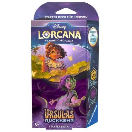 Disney Lorcana Ursulas Rückkehr Starterdeck-Box mit zwei illustrierten Charakteren. Disney Lorcana Ursulas Rückkehr Starterdeck-Box mit zwei illustrierten Charakteren.