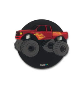 Roter Monstertruck mit gelben Flammen an der Seite, großen Reifen und schwarzem, kreisförmigem Hintergrund.