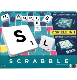 Scrabble-Spielschachtel mit Buchstabensteinen und den Aufschriften 2 Spiele in 1 sowie Das klassische Scrabble.
