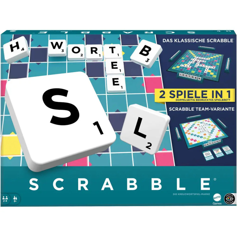 Scrabble-Spielschachtel mit Buchstabensteinen und den Aufschriften 2 Spiele in 1 sowie Das klassische Scrabble.