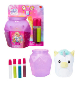 Barbie Color Reveal Set mit lilafarbener Dose, Stiften und einem Plüsch-Einhorn.