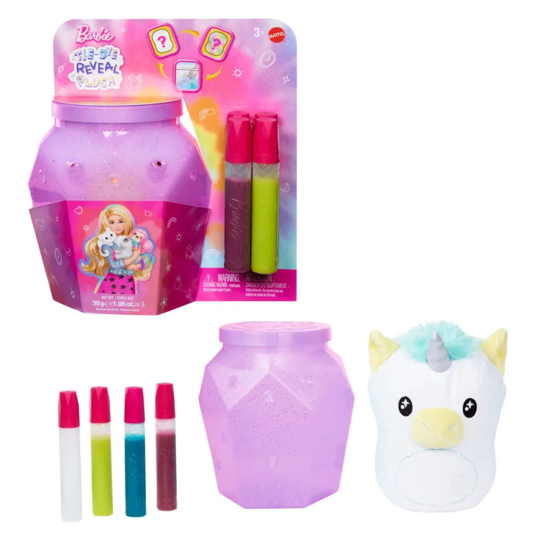 Barbie Color Reveal Set mit lilafarbener Dose, Stiften und einem Plüsch-Einhorn. Barbie Color Reveal Set mit lilafarbener Dose, Stiften und einem Plüsch-Einhorn.