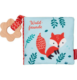 Stoff-Babybuch mit Fuchsillustration, floralen Details und Holz-Beißring.