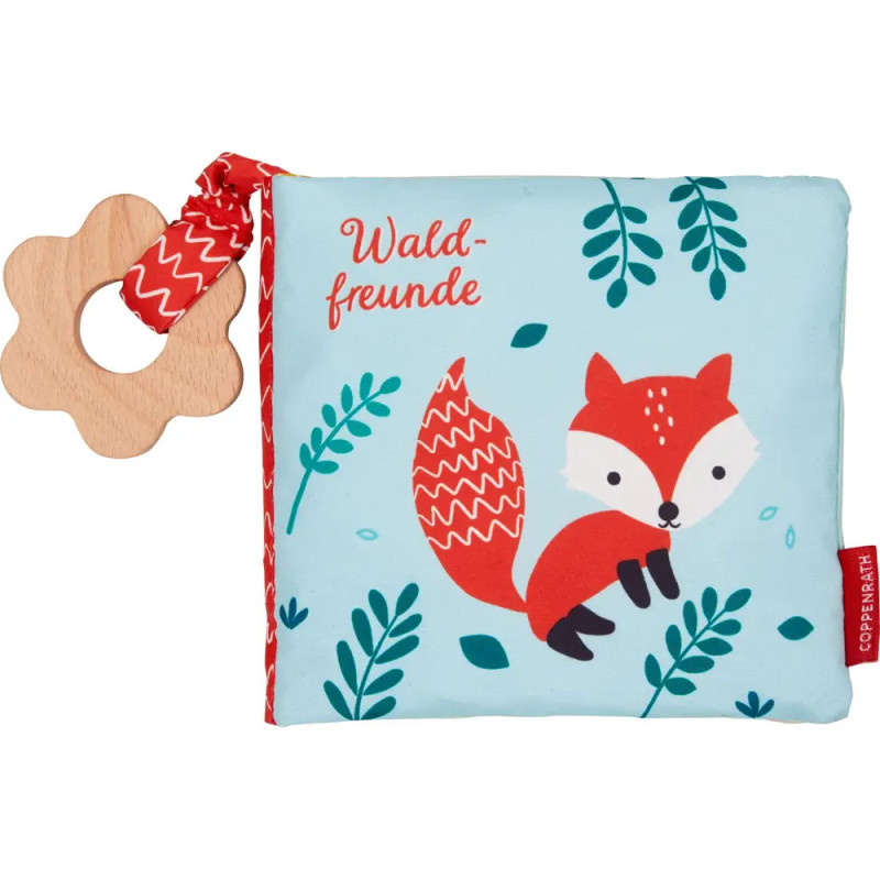 Stoff-Babybuch mit Fuchsillustration, floralen Details und Holz-Beißring.