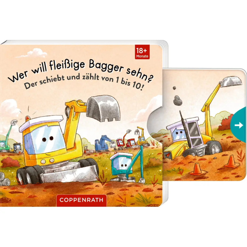 Ein Cartoon-Bagger mit Augen gräbt auf einem Feld, umgeben von Pylonen und weiteren Baustellenfahrzeugen.