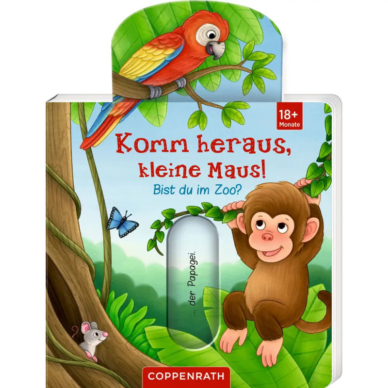 Buntes Kinderbuchcover mit Papagei, Affe, Maus und Schmetterling in einer Dschungelumgebung.