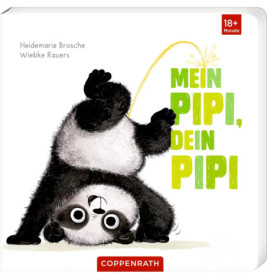 Ein Panda-Baby uriniert kopfüber, dazu steht Mein Pipi, dein Pipi auf weißem Hintergrund.