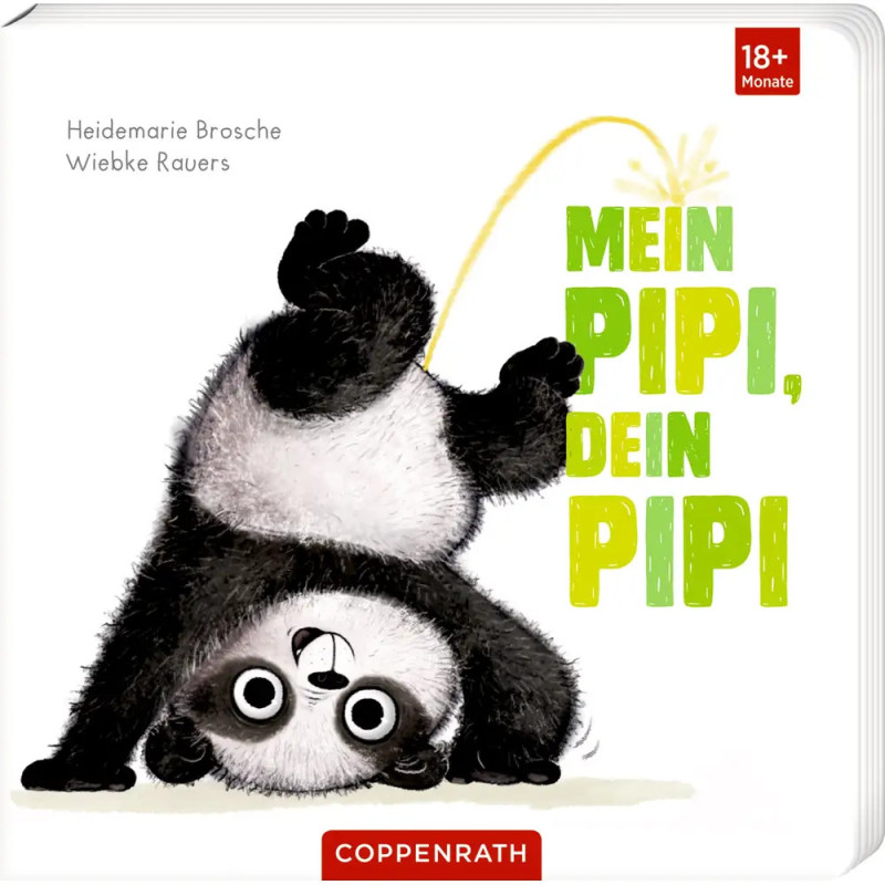 Ein Panda-Baby uriniert kopfüber, dazu steht Mein Pipi, dein Pipi auf weißem Hintergrund.