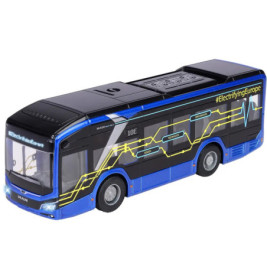 Blau-schwarzer Spielzeugbus mit gelben Leiterbahn-Grafiken und #ElectrifyingEurope an der Seite.