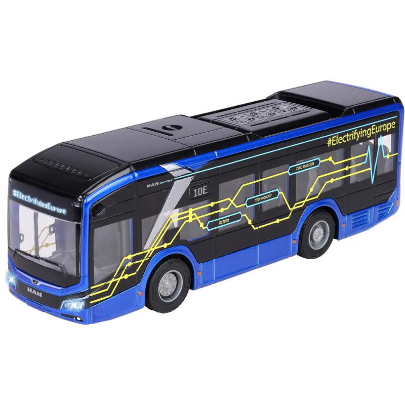 Blau-schwarzer Spielzeugbus mit gelben Leiterbahn-Grafiken und #ElectrifyingEurope an der Seite.