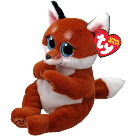 Ein Plüschfuchs mit großen blauen Augen, weißem Bauch und einem ty Beanie Bellies Anhänger am Ohr.