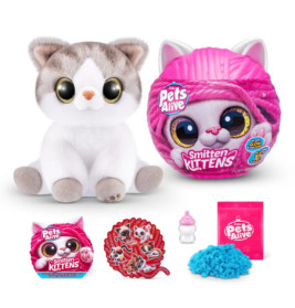 Kuscheltier-Katze, rosa Wollknäuel-Behälter, Geschenktasche, blauer Sand, Fläschchen und Sticker von Pets Alive Smitten Kittens.