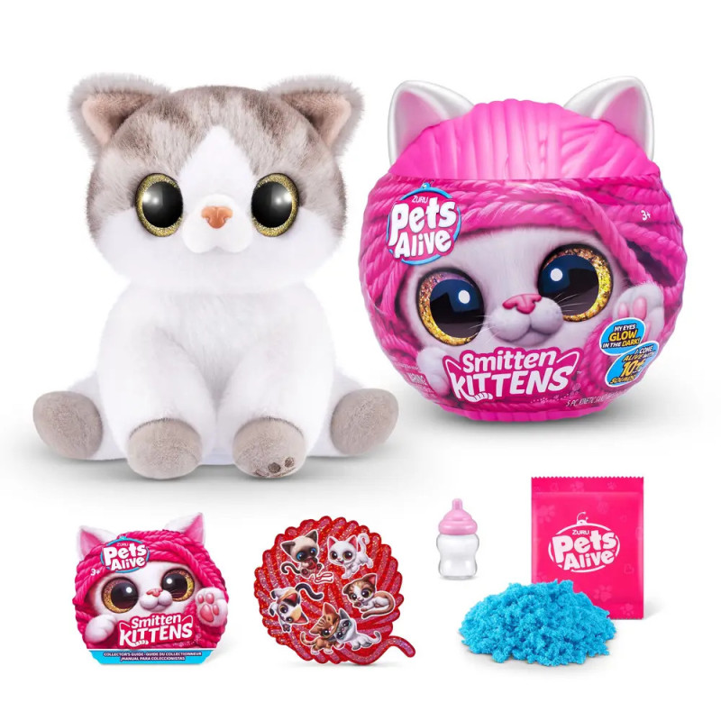 Kuscheltier-Katze, rosa Wollknäuel-Behälter, Geschenktasche, blauer Sand, Fläschchen und Sticker von Pets Alive Smitten Kittens. Kuscheltier-Katze, rosa Wollknäuel-Behälter, Geschenktasche, blauer Sand, Fläschchen und Sticker von Pets Alive Smitten Kittens.