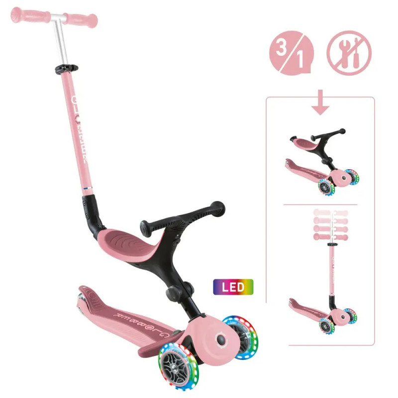 Rosa 3-in-1 Roller mit LED-Rädern, verstellbarem Lenker und abnehmbarem Sitz.
