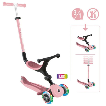Rosa 3-in-1 Roller mit LED-Rädern, verstellbarem Lenker und abnehmbarem Sitz.