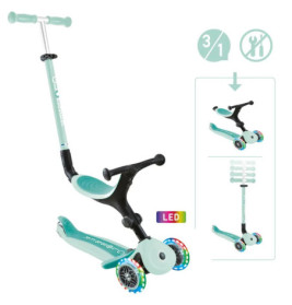 Mintgrüner 3-in-1-Kinderroller mit LED-Rädern, verstellbarem Sitz und höhenverstellbarem Lenker.