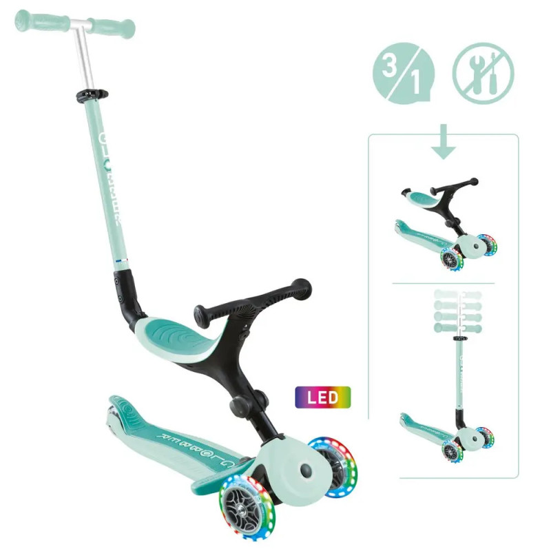 Mintgrüner 3-in-1-Kinderroller mit LED-Rädern, verstellbarem Sitz und höhenverstellbarem Lenker. Mintgrüner 3-in-1-Kinderroller mit LED-Rädern, verstellbarem Sitz und höhenverstellbarem Lenker.