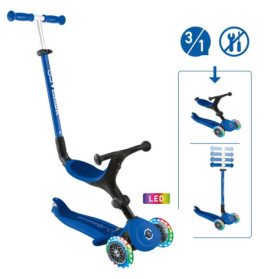 Blauer 3-in-1-Kinderroller mit verstellbarem Lenker und LED-Rädern, in mehreren Konfigurationen abgebildet.