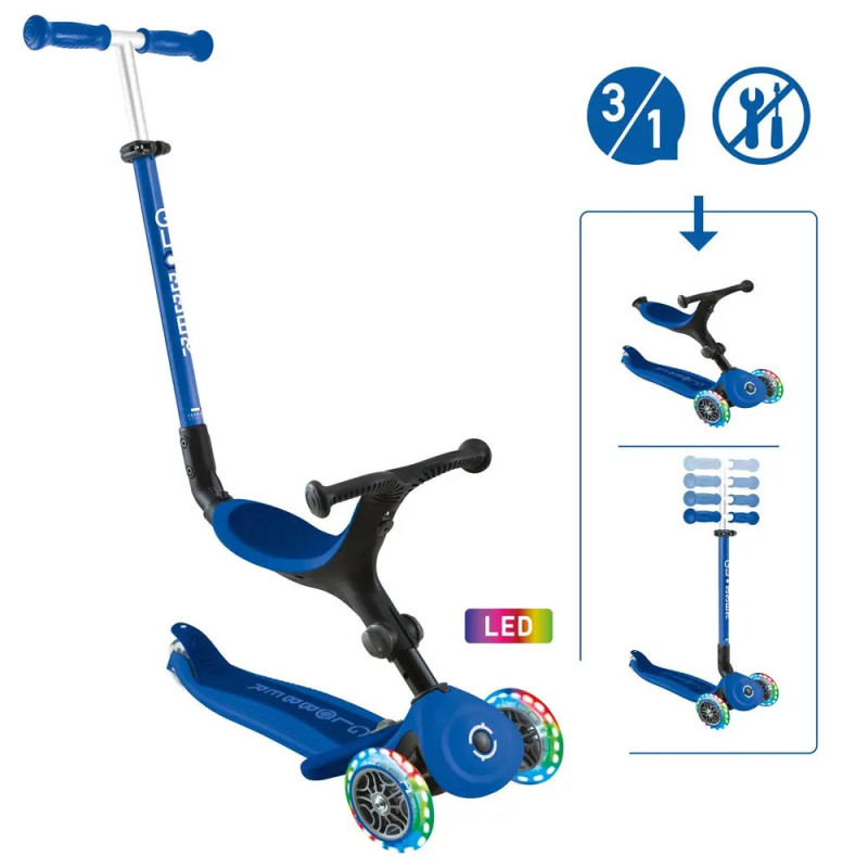 Blauer 3-in-1-Kinderroller mit verstellbarem Lenker und LED-Rädern, in mehreren Konfigurationen abgebildet.