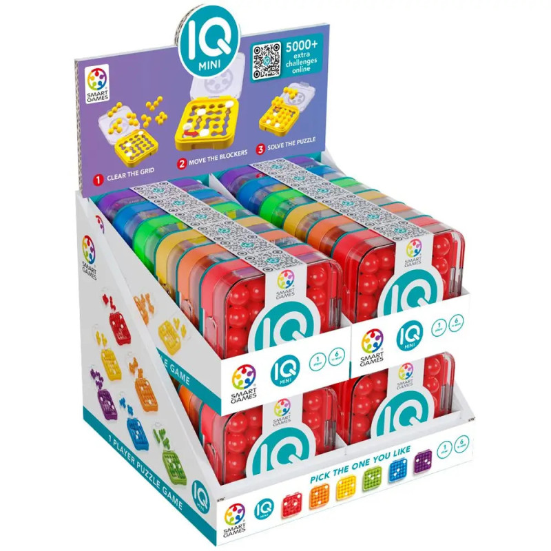 IQ Mini-Puzzles in bunter Displaybox, mehrere Spiele mit Anleitung auf der Verpackung sichtbar.