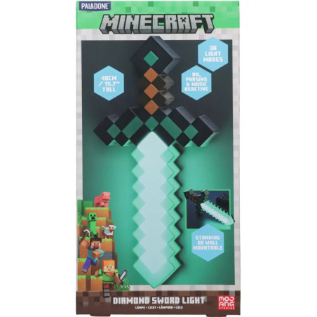 Minecraft-Diamantschwert-Lampe in Verpackung mit Spielfiguren und Produktinfos.