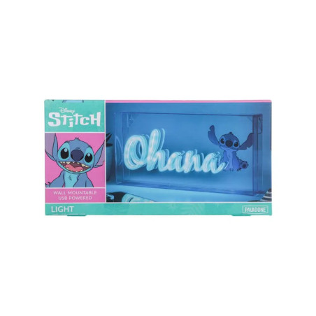 Blaue Wandlampe in einer Box mit Disneys Stitch und dem leuchtenden Schriftzug Ohana.