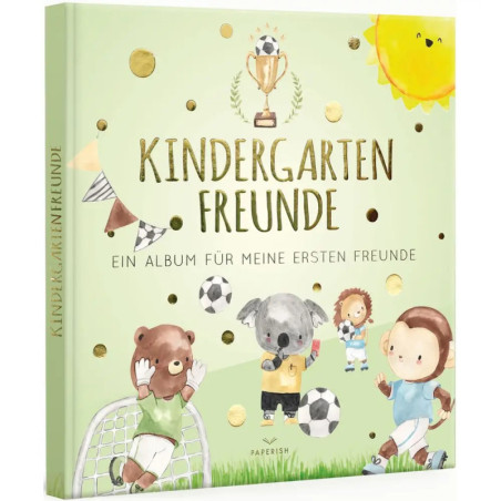 Kinderbuchcover mit Tierfiguren beim Fußballspielen, Titel: Kindergarten Freunde (auf Deutsch).