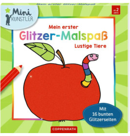 Malbuch-Einband mit Apfel, buntem Wurm und rotem Bleistift auf grünem Hintergrund.