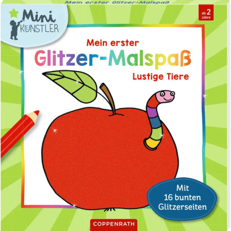 Malbuch-Einband mit Apfel, buntem Wurm und rotem Bleistift auf grünem Hintergrund.