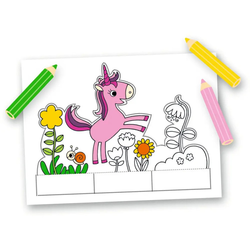 Ausmalbild mit rosa Einhorn, Blumen und Schnecke, umgeben von grünen, gelben und pinken Buntstiften. Ausmalbild mit rosa Einhorn, Blumen und Schnecke, umgeben von grünen, gelben und pinken Buntstiften.