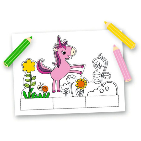 Ausmalbild mit rosa Einhorn, Blumen und Schnecke, umgeben von grünen, gelben und pinken Buntstiften. Ausmalbild mit rosa Einhorn, Blumen und Schnecke, umgeben von grünen, gelben und pinken Buntstiften.