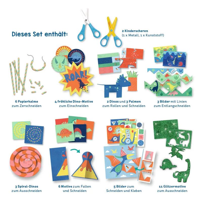 Bastelset für Kinder mit Scheren, Papier, Dino- und Pflanzenmotiven, Strohhalmen und Bastelmaterial. Bastelset für Kinder mit Scheren, Papier, Dino- und Pflanzenmotiven, Strohhalmen und Bastelmaterial.