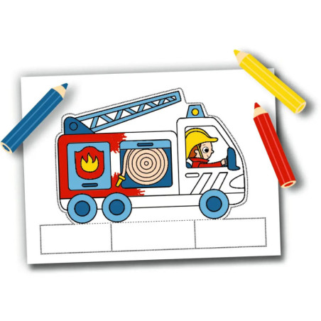 Ausmalbild eines Feuerwehrautos mit drei danebenliegenden Buntstiften: blau, gelb und rot.
