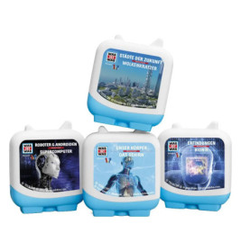 Vier würfelförmige Behälter mit deutschen Wissenschafts-Labels zu Robotern, Städten, Gehirn und Bionik.