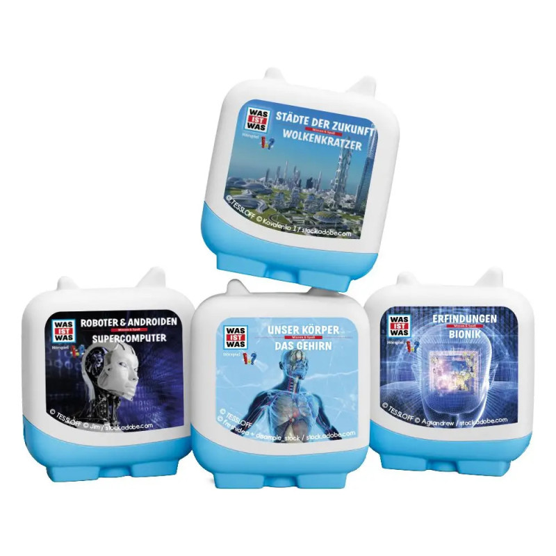 Vier würfelförmige Behälter mit deutschen Wissenschafts-Labels zu Robotern, Städten, Gehirn und Bionik. Vier würfelförmige Behälter mit deutschen Wissenschafts-Labels zu Robotern, Städten, Gehirn und Bionik.